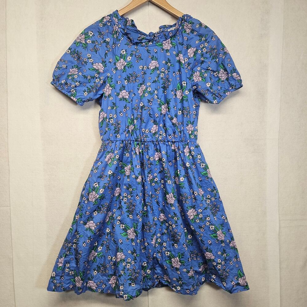 J.Crew Womens Sz 2 Puff Sleeve Tie-Back Cotton Mini Dress Seacoast Blue Floral
